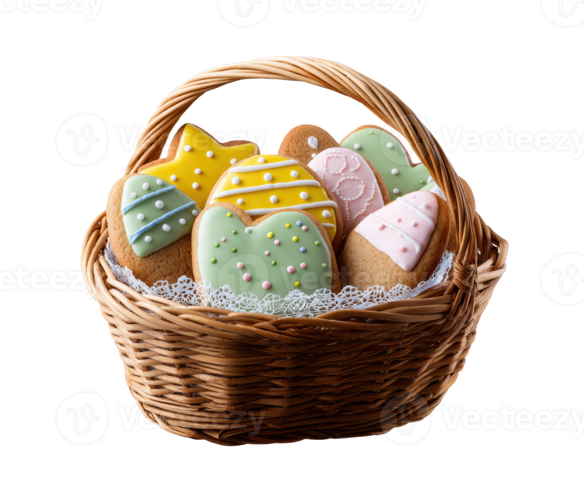 Colorful Easter cookies in a woven basket for festive celebrations png