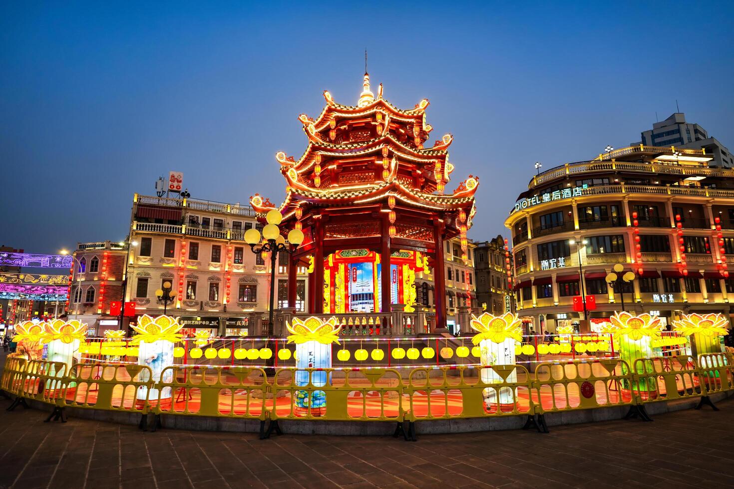 Shantou, Guangdong, China -FEB 17, 2025-The Sun Yat-Sen Memorial Pavilion and view of A view of Shantou Small Park historial area in old town. photo