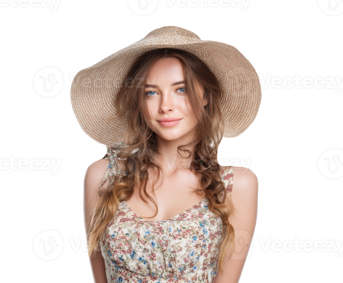 Beautiful woman in summer hat with floral dress for lifestyle design png