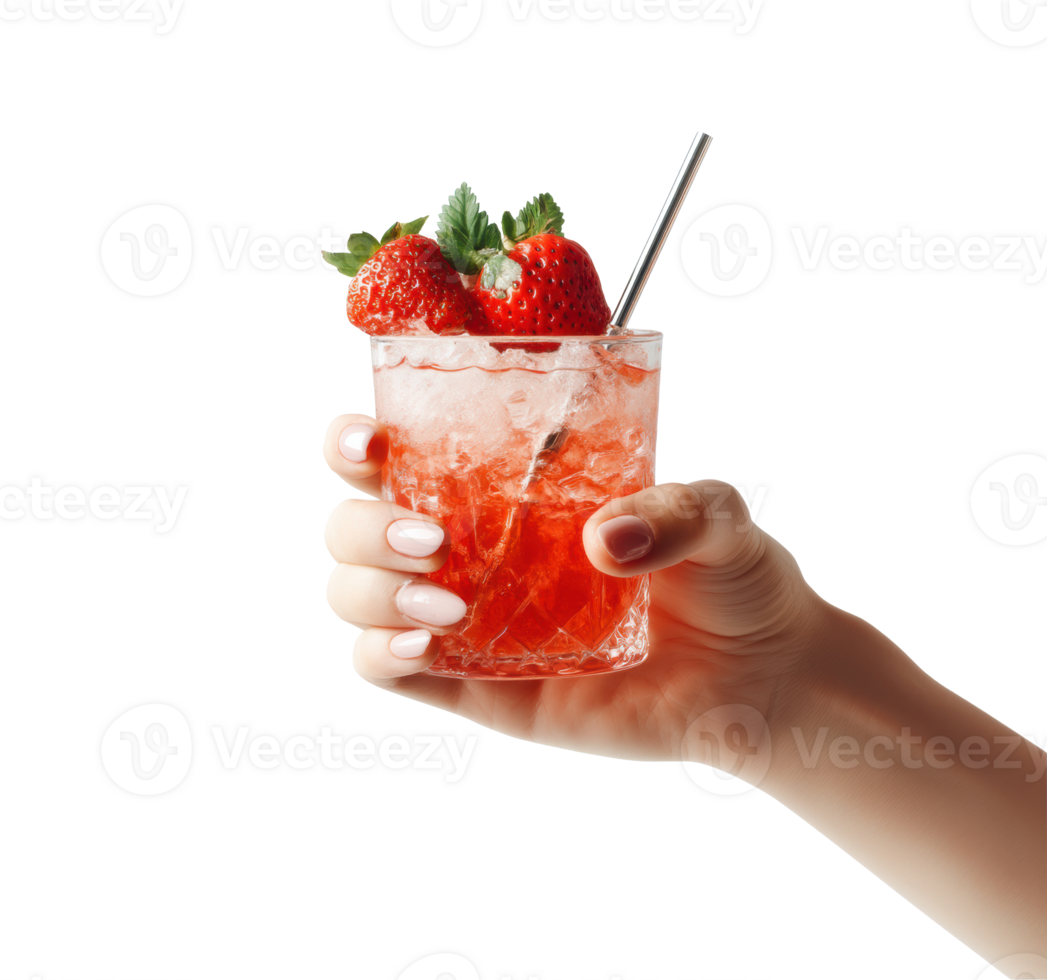 Refreshing strawberry cocktail served in a hand with fresh garnish png
