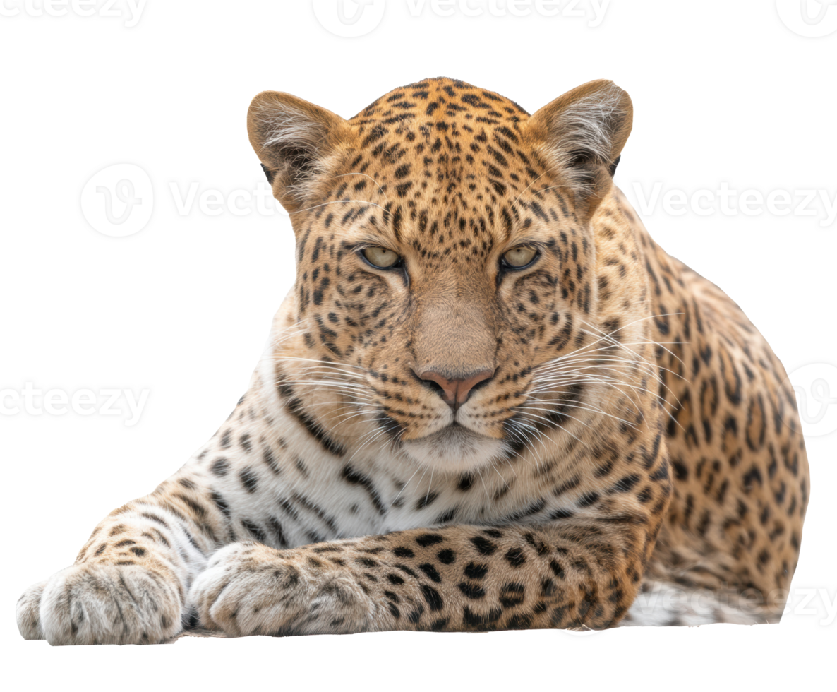 Majestic leopard resting with piercing gaze in natural habitat png