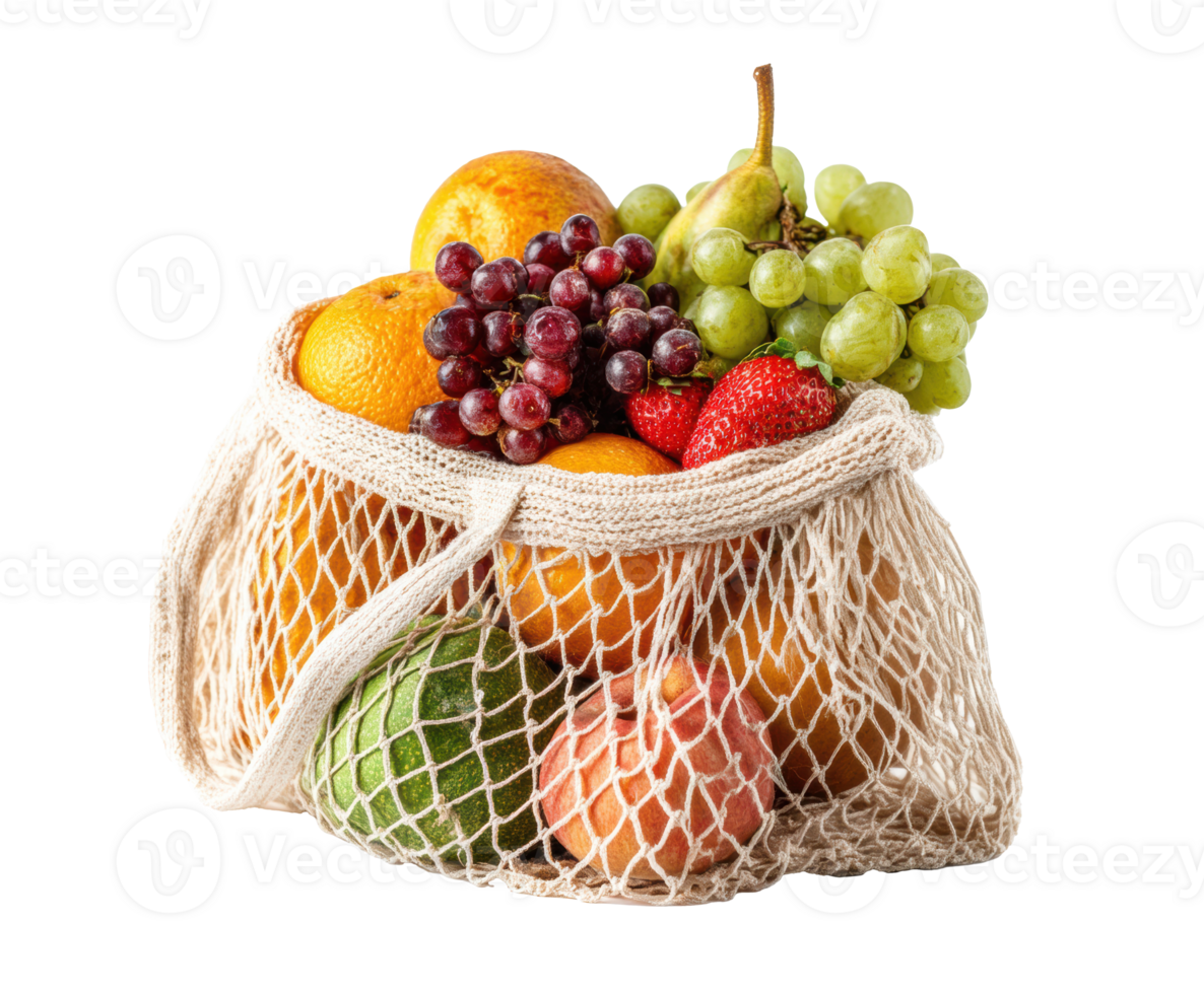 Colorful fresh fruits in a reusable mesh bag for healthy lifestyle png