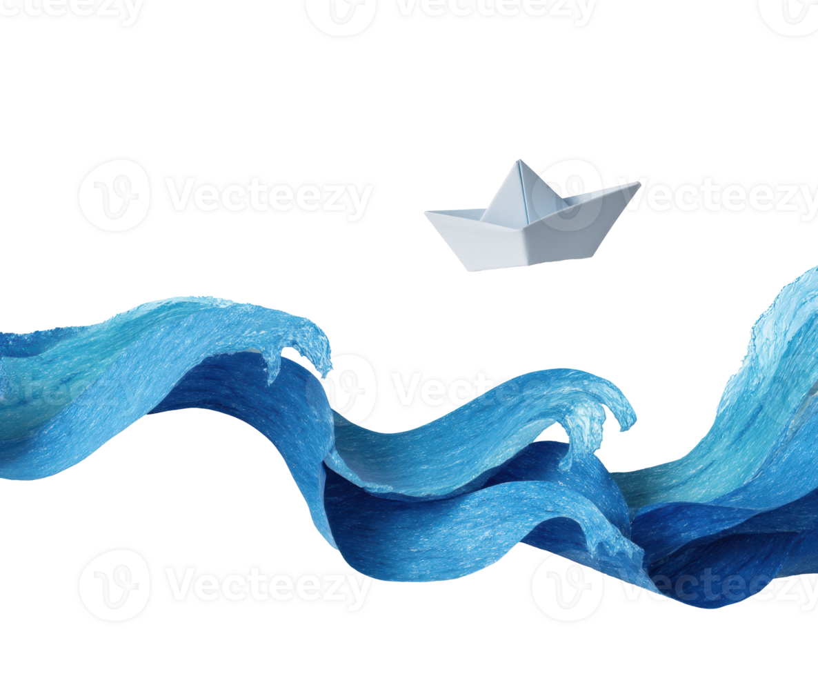 Paper boat floating on blue waves with a creative design png