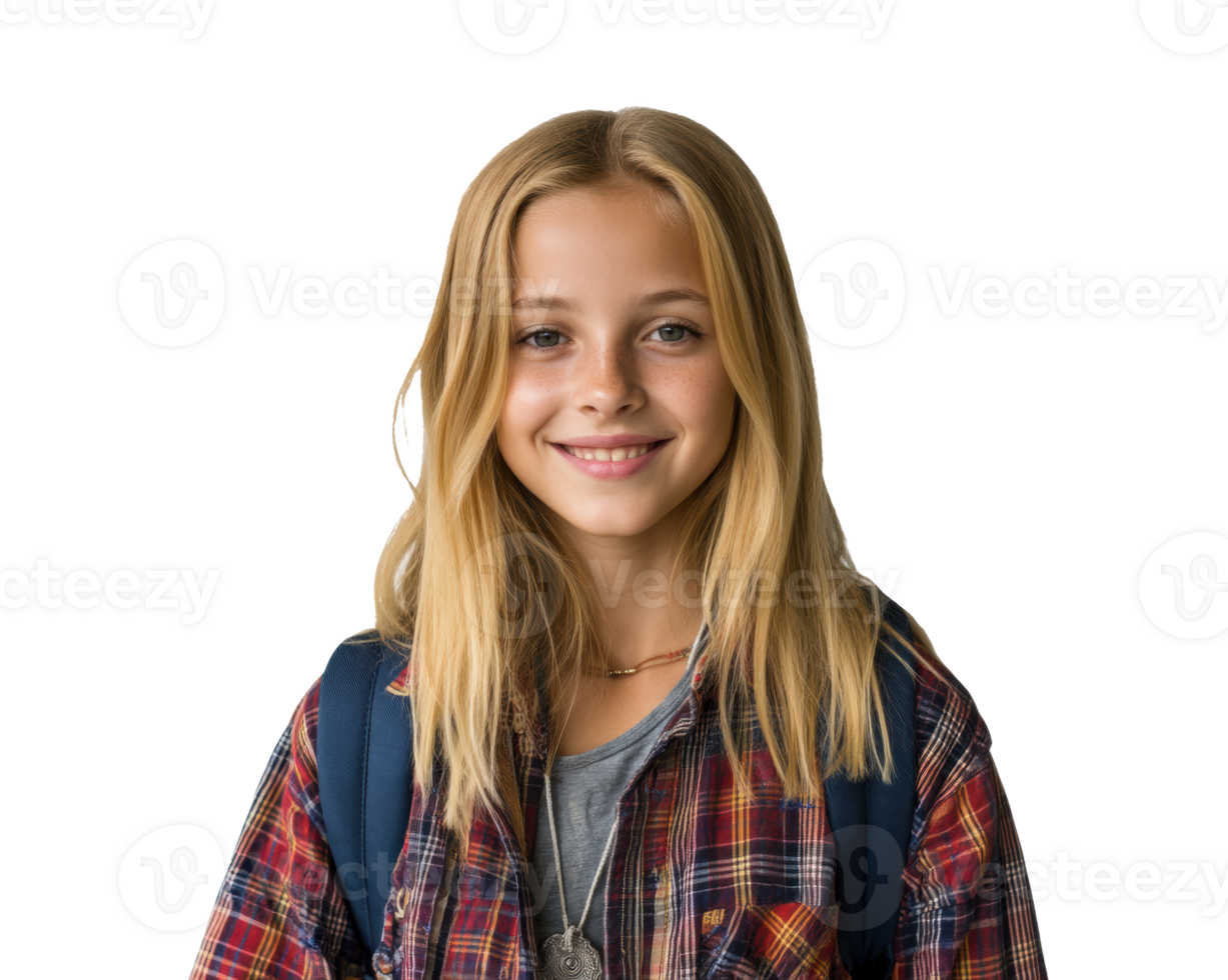 Smiling girl with blond hair wearing plaid shirt and backpack png