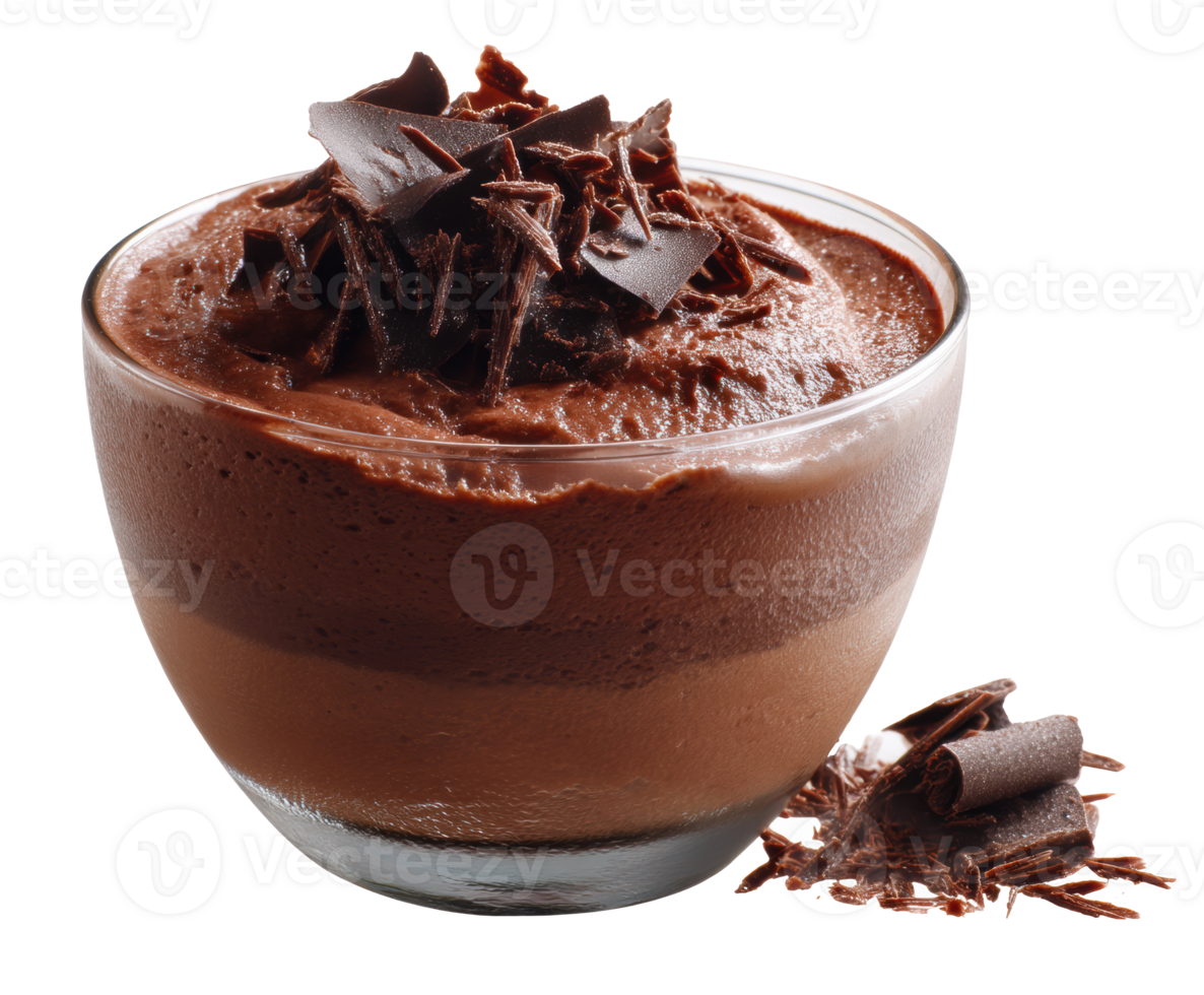 Decadent chocolate mousse dessert with chocolate shavings on top png