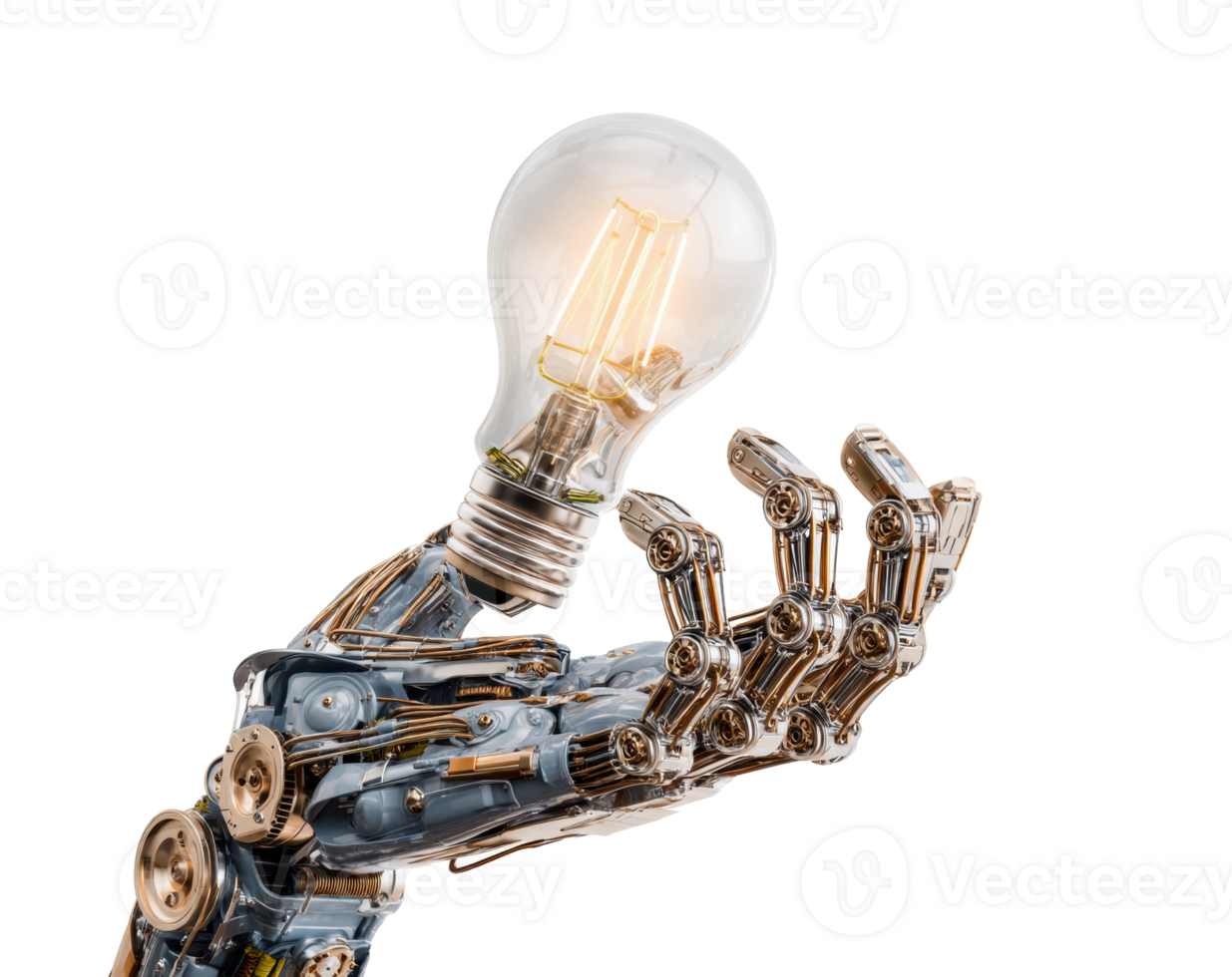 Robotic hand holding light bulb symbolizing innovation and technology png