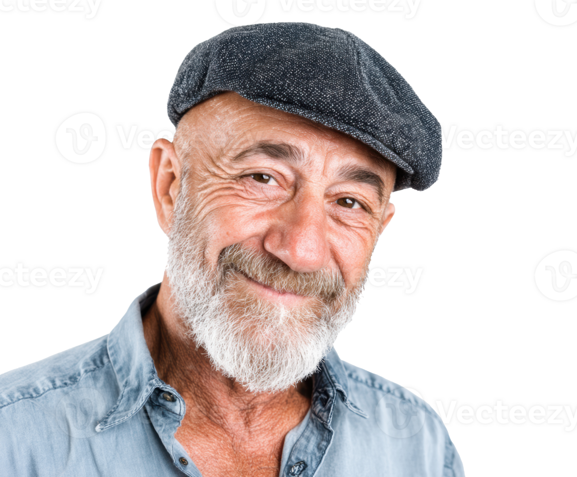 Happy senior man wearing a flat cap and smiling warmly at camera png
