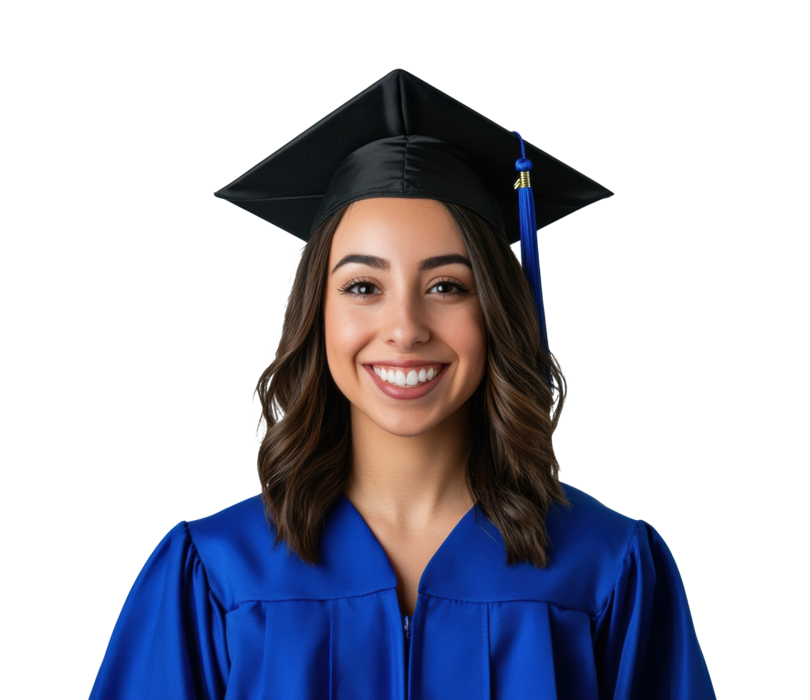 Graduate in royal blue gown with smiling expression png