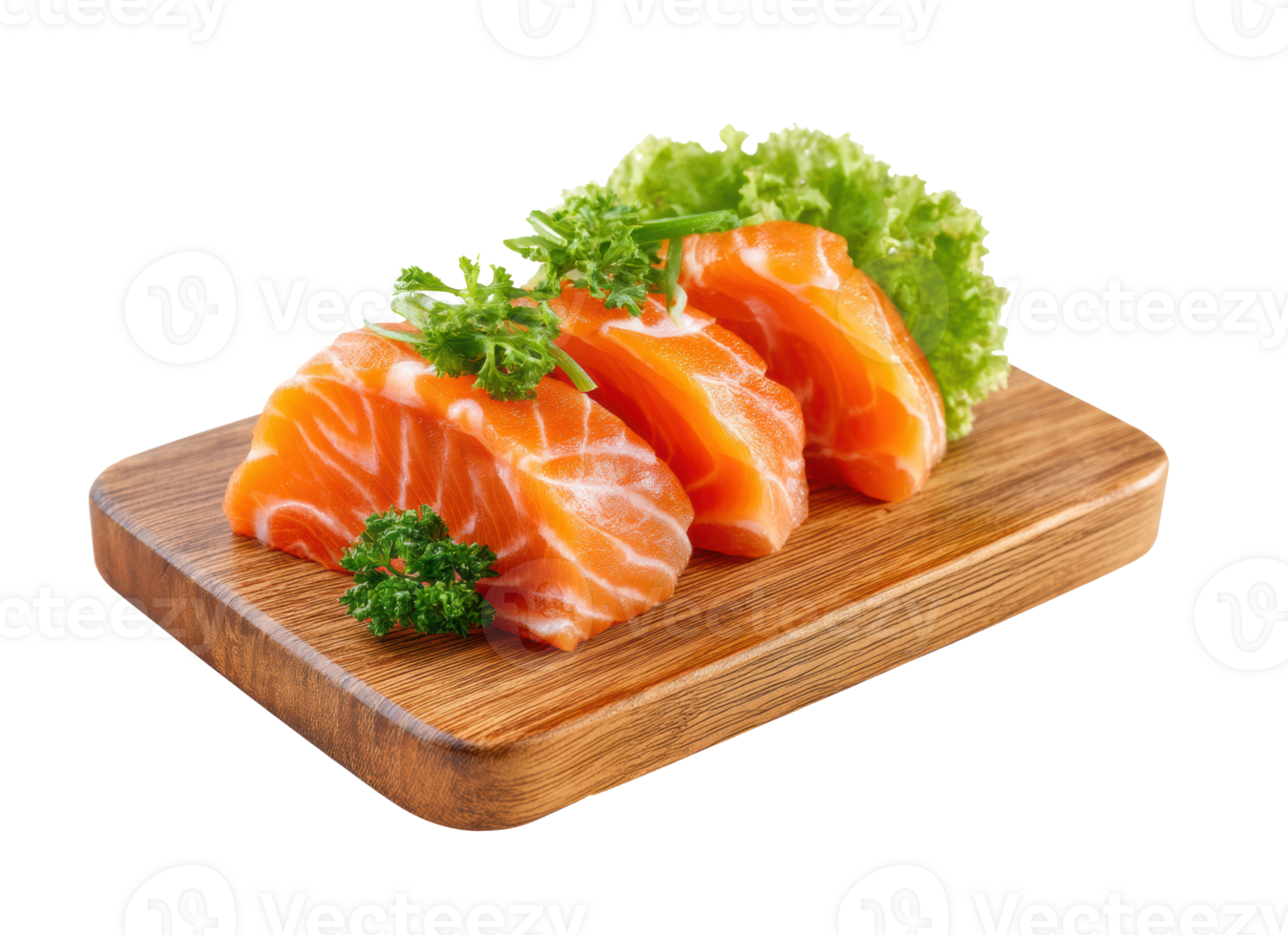 Fresh salmon slices on a wooden cutting board with greens png