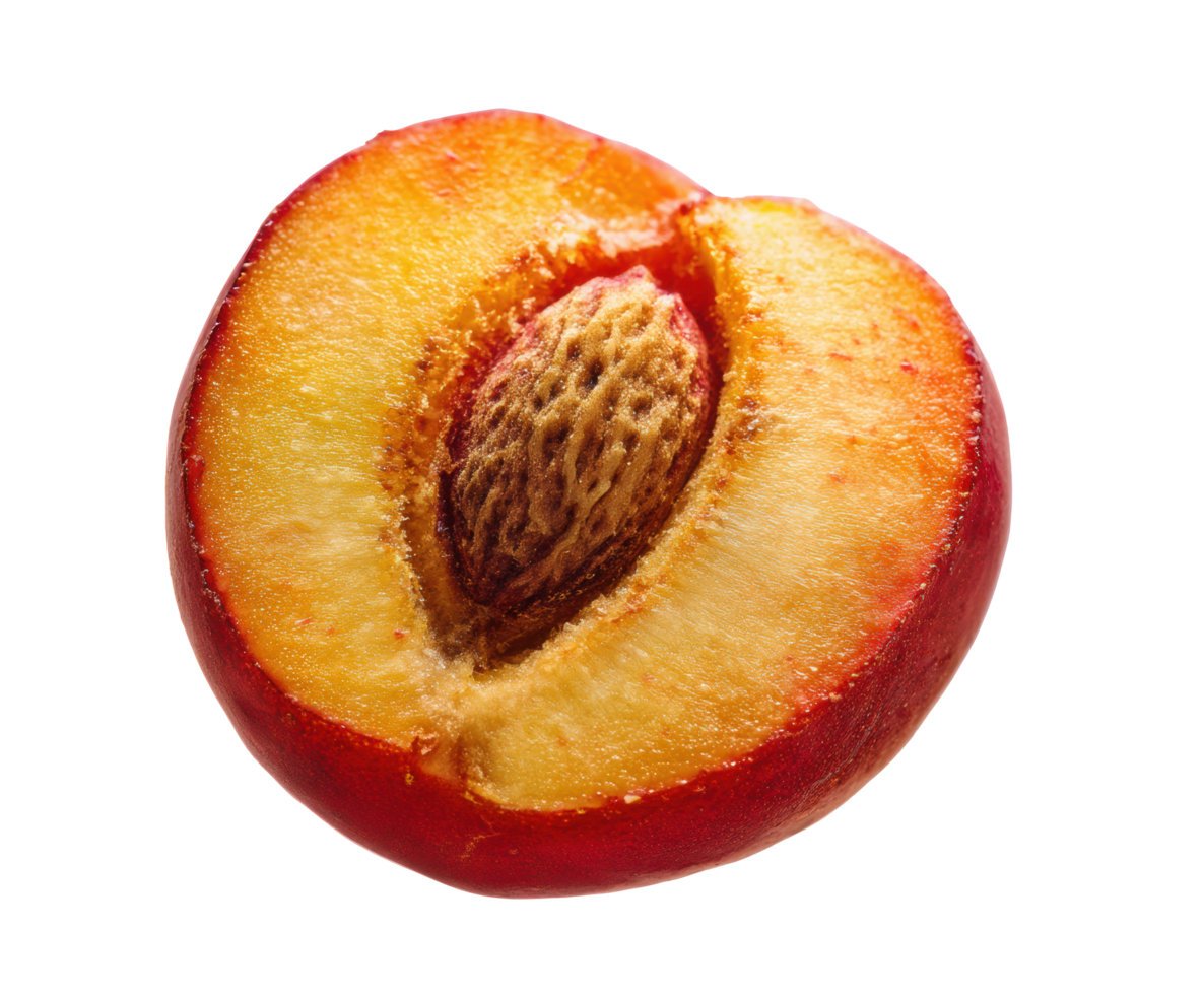 Fresh and juicy peach cut in half revealing pit and vibrant flesh png
