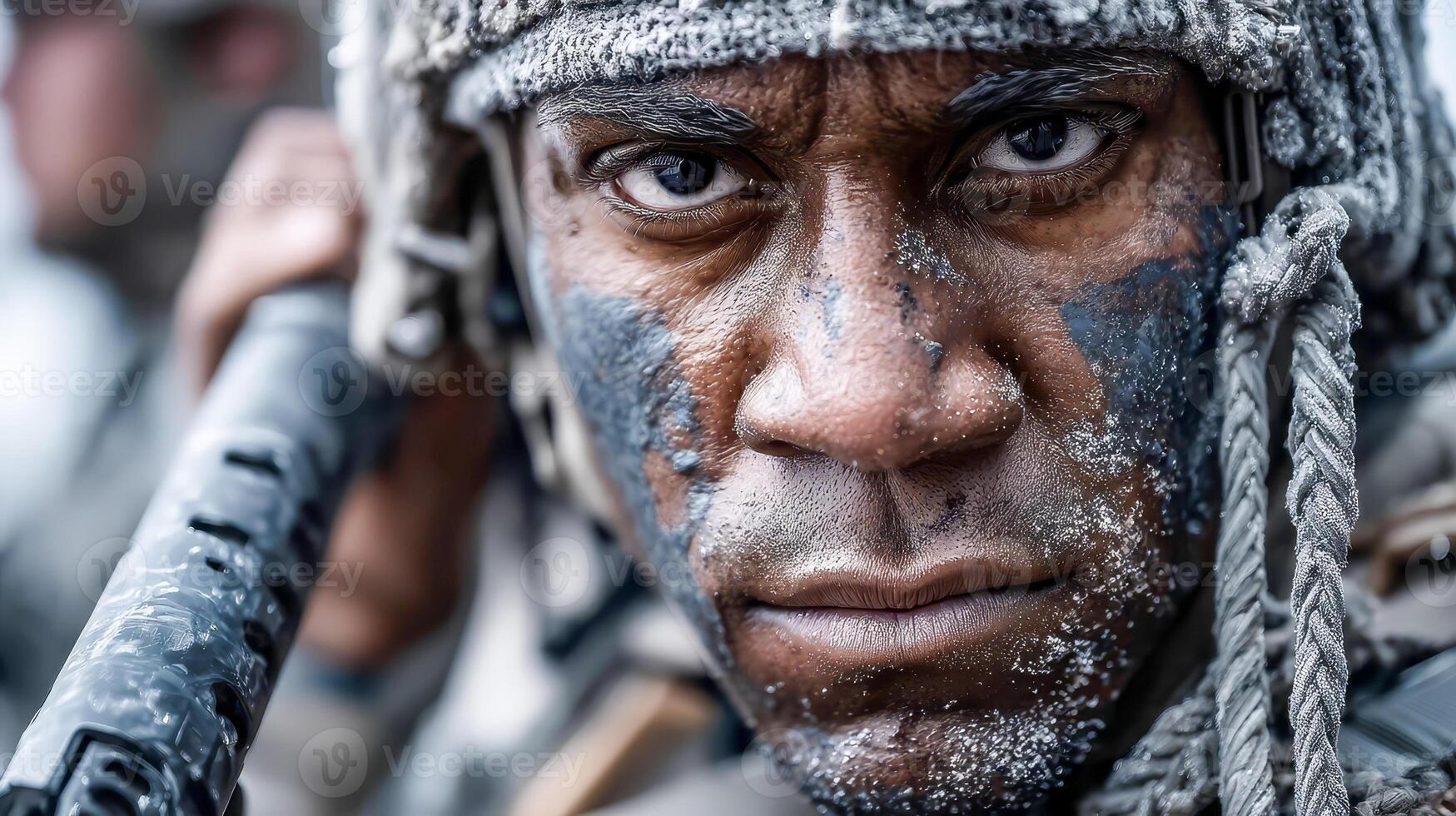 A male soldier with camouflage coloring on his face with a rifle stands against the backdrop of a smoky battlefield photo