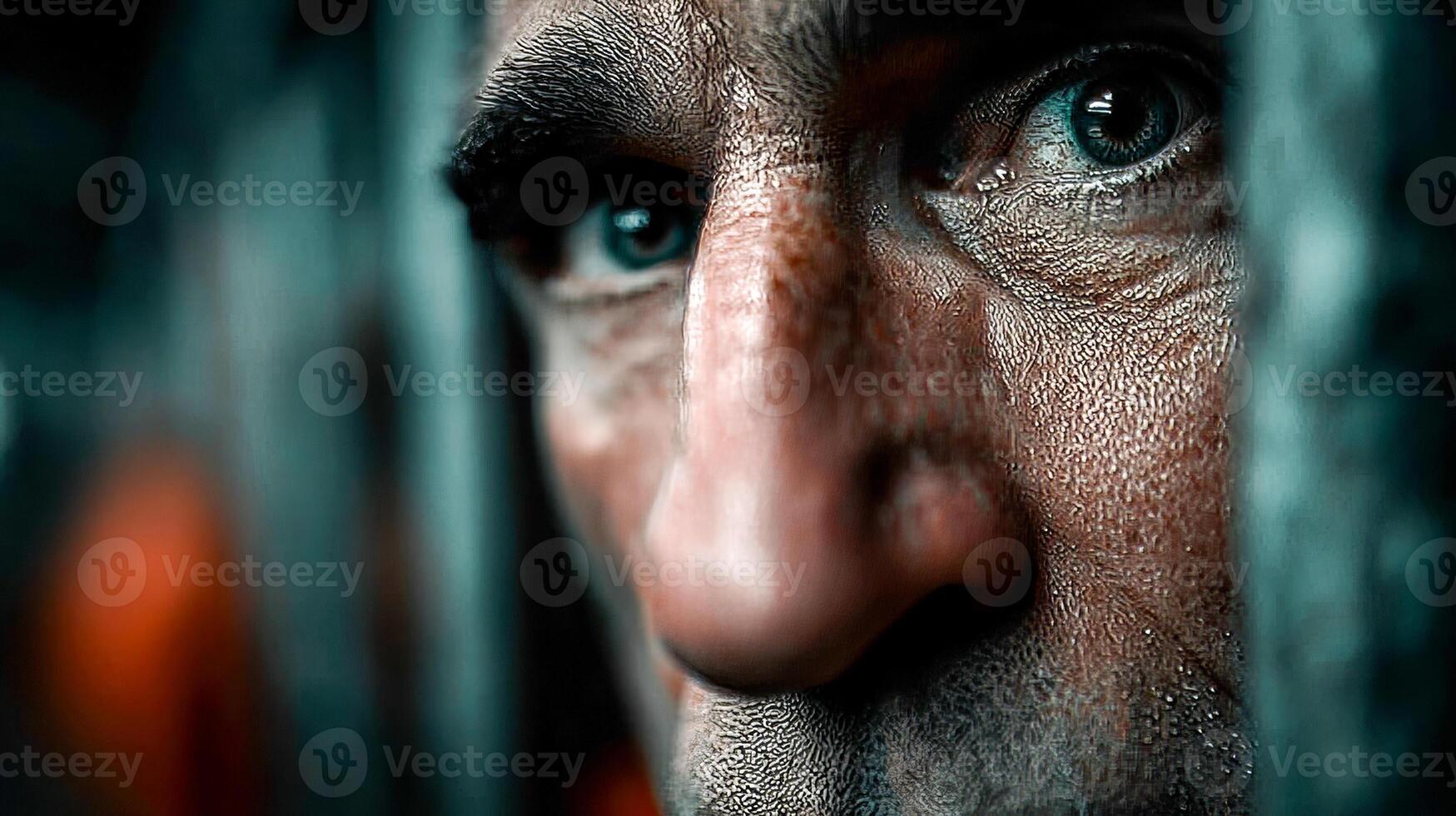 A prisoner in jail, clutching the bars of his cell, looks out with a mixture of anger and despair photo