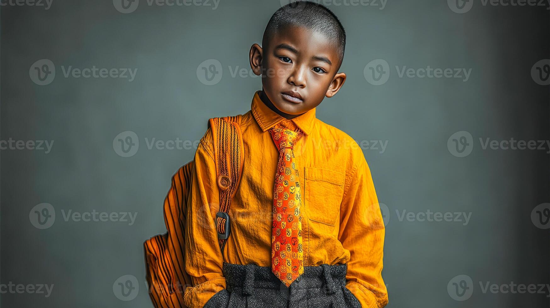 Black boy in school uniform wearing yellow shirt and tie with briefcase on shoulders standing on isolated background photo