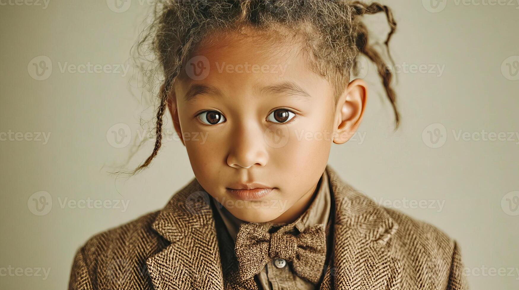A child in a jacket, shirt and bow tie is getting ready for school, school uniform for students photo