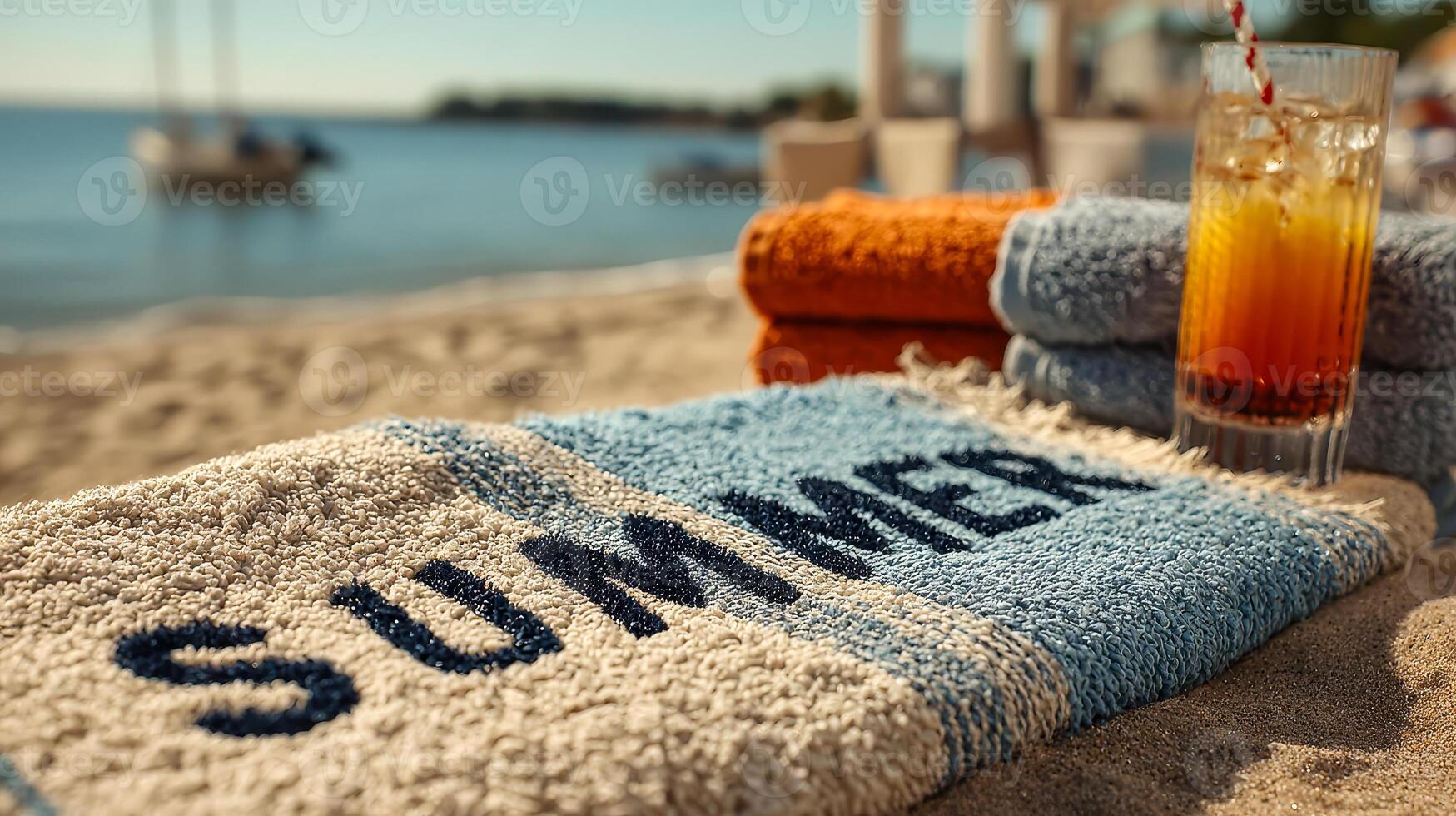 Summer is written in big letters on a towel lying on the beach with chilled cocktails on the seashore photo
