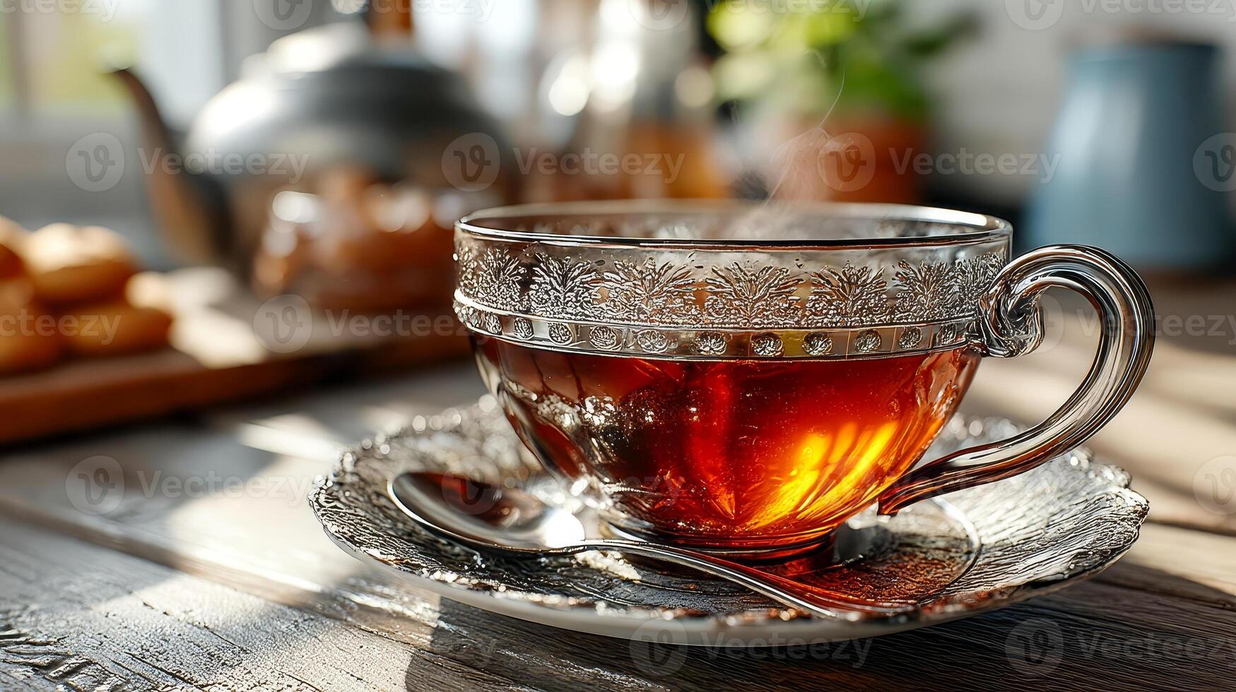 Black tea in a transparent cup stands on a saucer and a spoon on the table photo