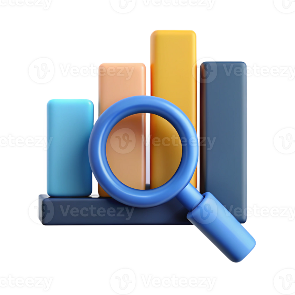 pristine acclaimed Magnifying glass icon over a bar graph. Minimal, flat color with Scalable Design. png