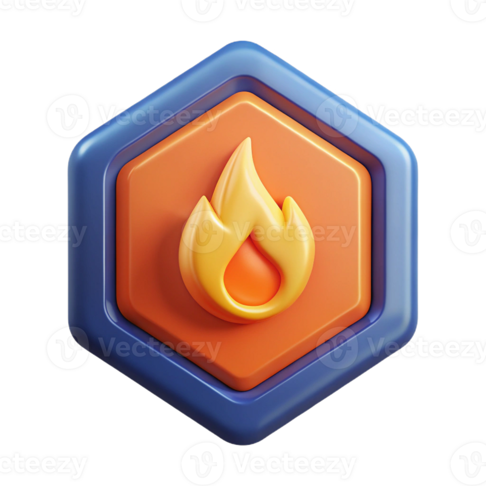 vibrant geometric Hexagonal badge with a flame. Crisp edges, single-weight stroke, with Scalable Design. high resolution png