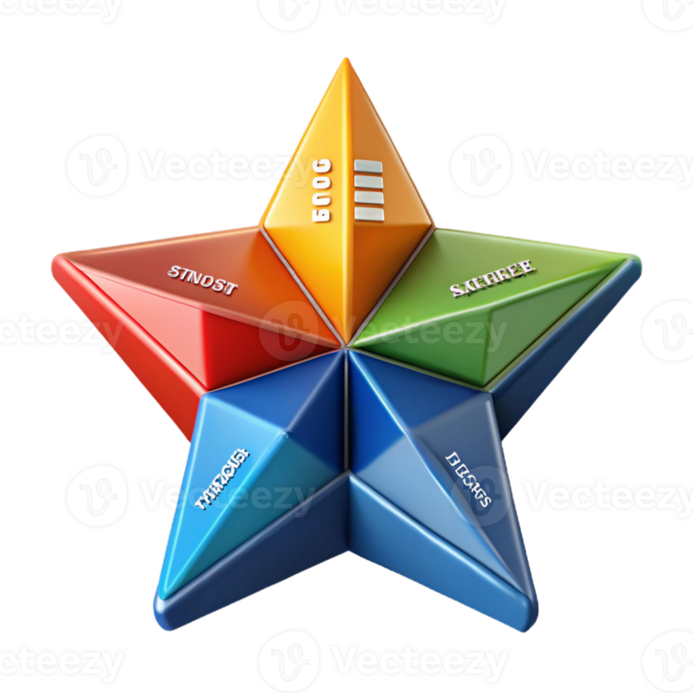 splendid surreal Five-pointed star infographic with text areas. Symmetrical, flat color, single-weight stroke with Scalable Design. fine detail png
