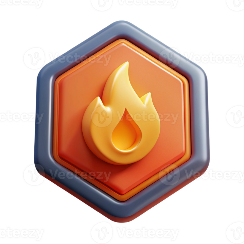 whimsical extraordinary Hexagonal badge with a flame. Crisp edges, single-weight stroke, with Scalable Design. sharp png