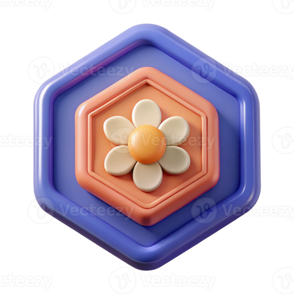 stunning nordic Hexagonal badge with a stylized flower. Clean lines, minimal design, with Scalable Design. museum quality png