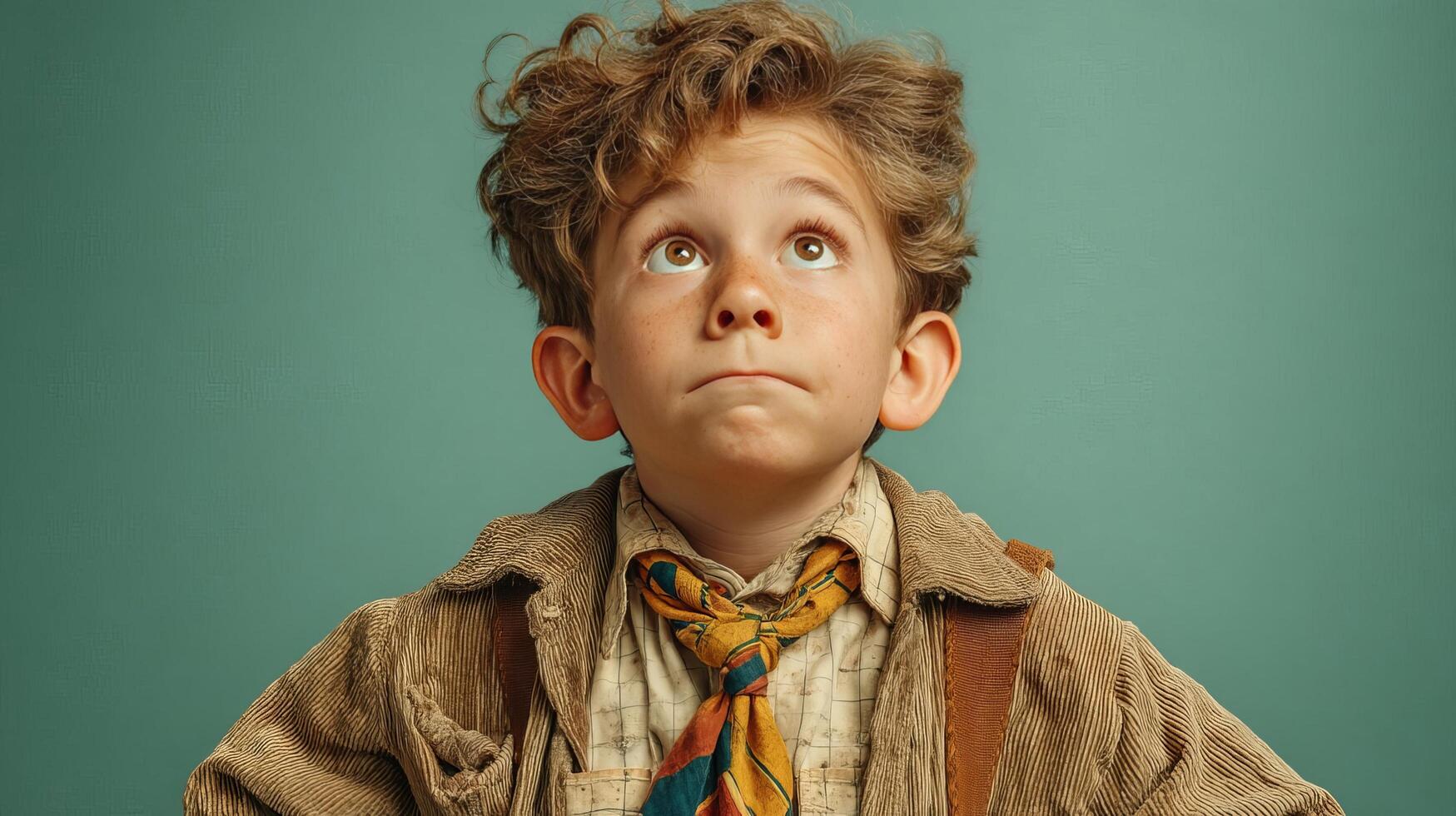 A boy in a school uniform and a backpack on his shoulders looks up thoughtfully photo