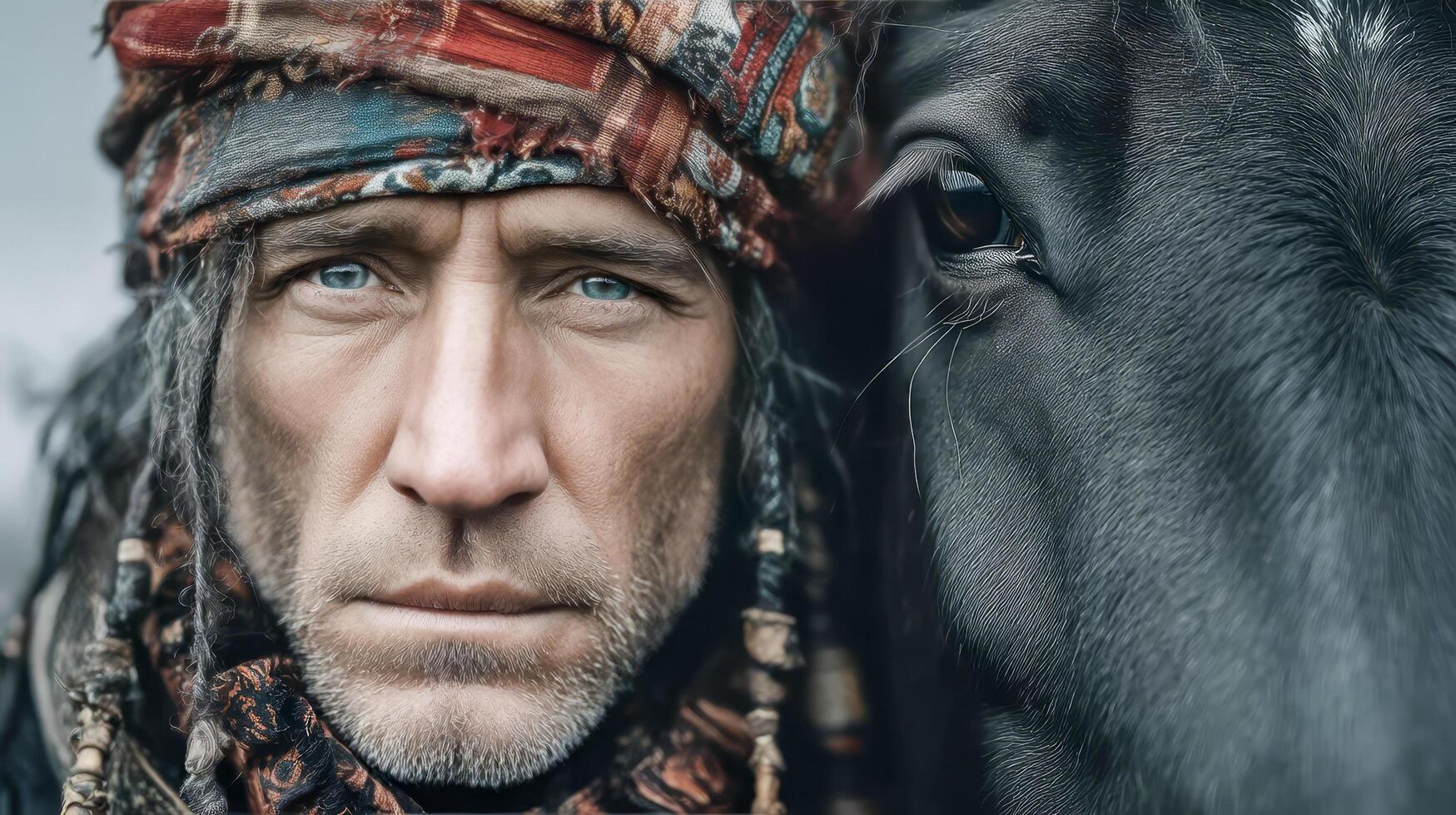A gypsy man with a headband hugs a black horse photo