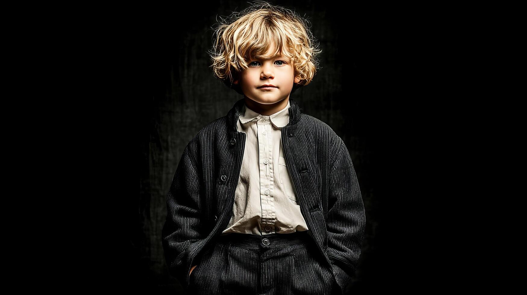 A boy in a neatly ironed school uniform, complete with a white shirt, stands with his hands in his pockets photo