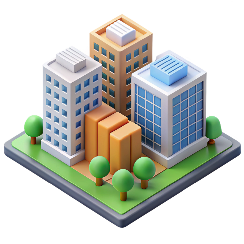 peaceful fascinating Isometric city block with flat color buildings. Crisp edges, with Scalable Design. crisp png