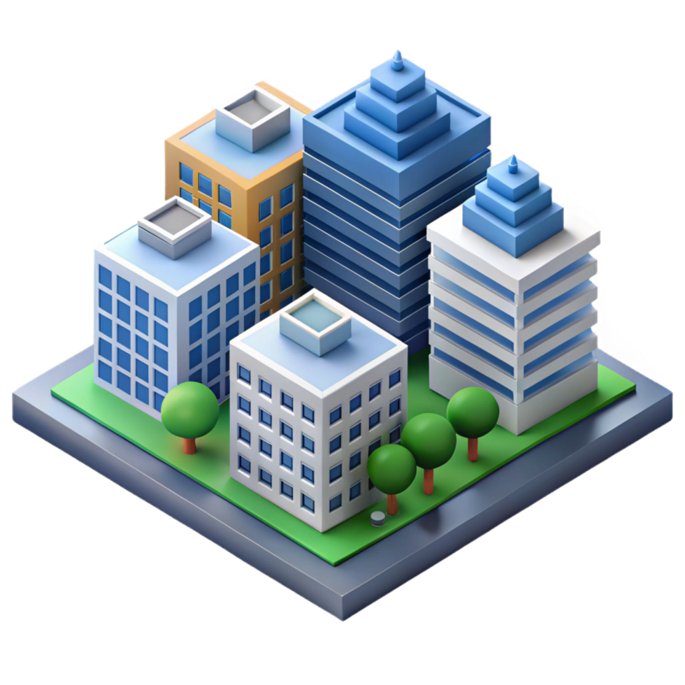 dazzling tranquil creative Isometric city block with flat color buildings. Crisp edges, with Scalable Design. ultra HD png