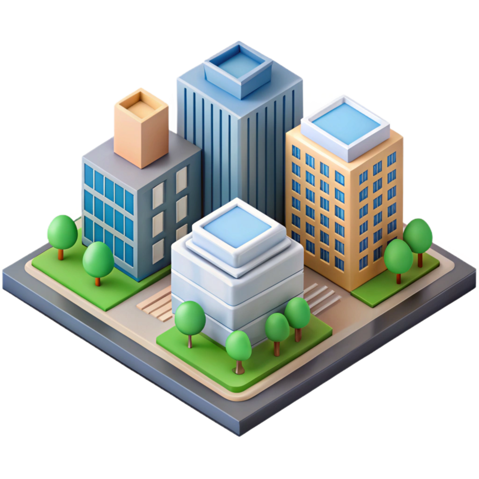 coveted bohemian Isometric city block with flat color buildings. Crisp edges, with Scalable Design. ultra HD png