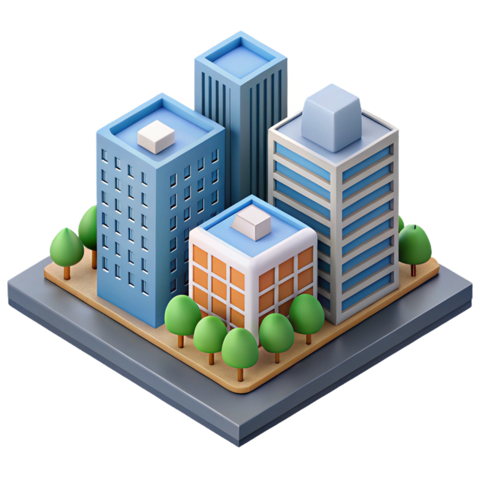 calm alluring Isometric city block with flat color buildings. Crisp edges, with Scalable Design. high quality png