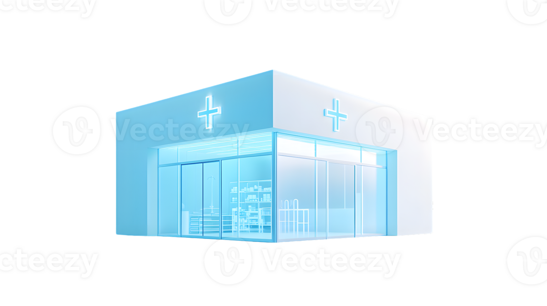 Modern Medical Facility with Blue and White Exterior Design Featuring Cross Symbols and Large png