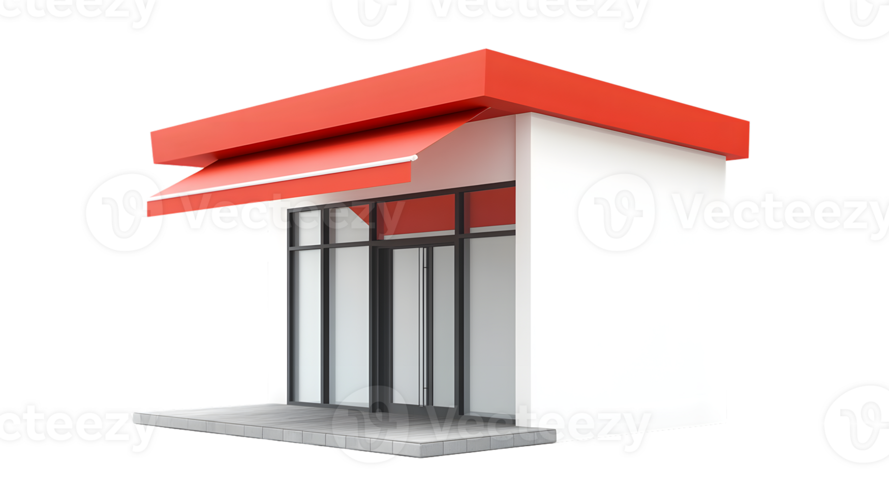 Modern Minimalist Storefront with Red Awning and Glass Doors png