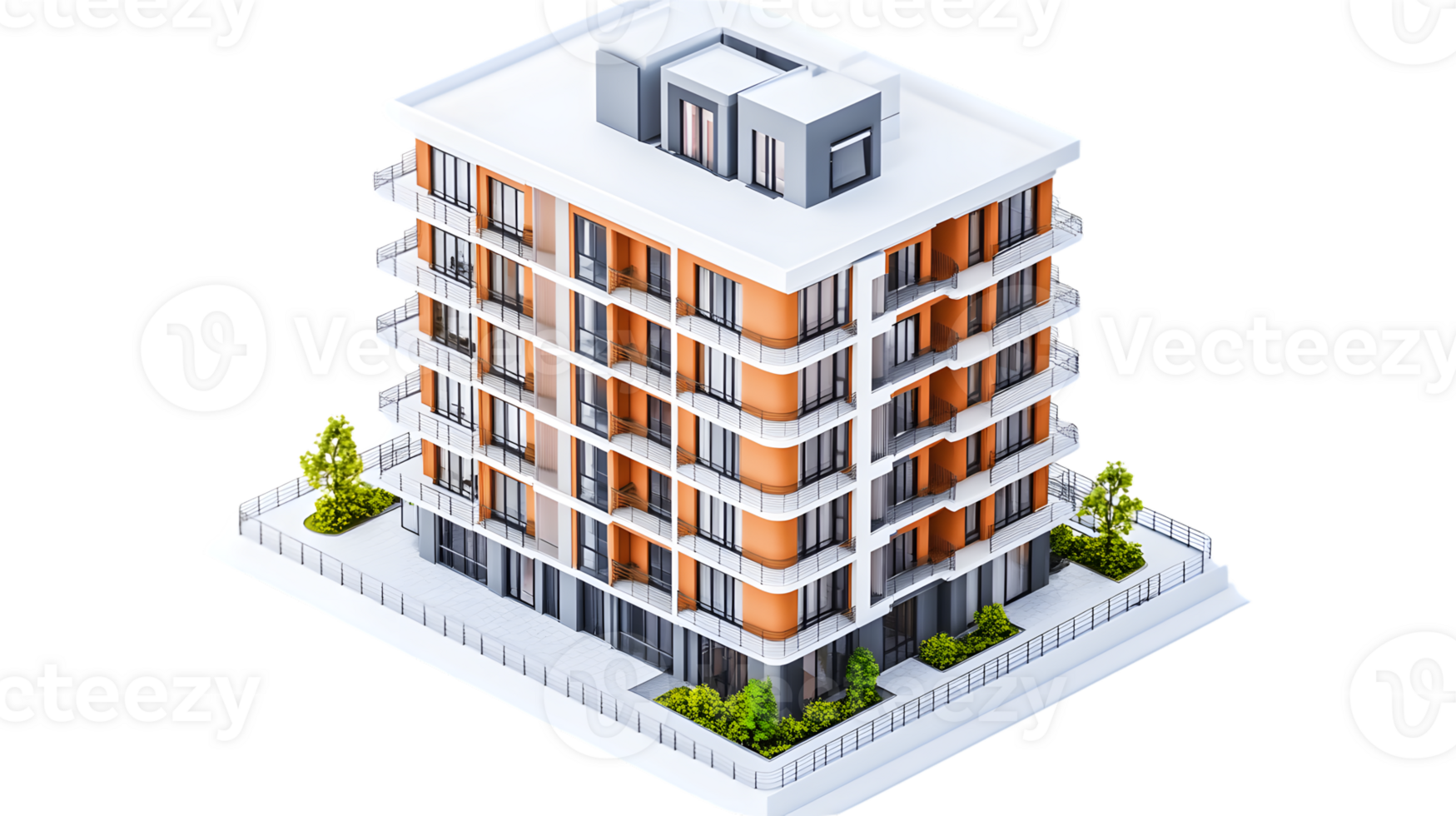 Modern Residential Building with Balconies and Rooftop Design png