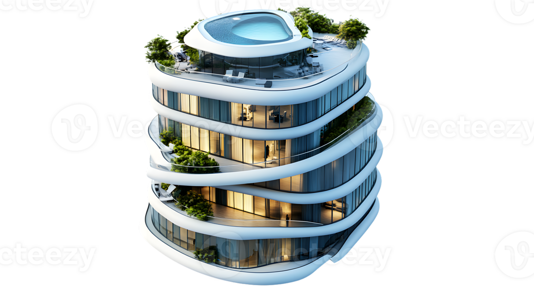 Modern Spiral Architecture with Rooftop Pool and Greenery png