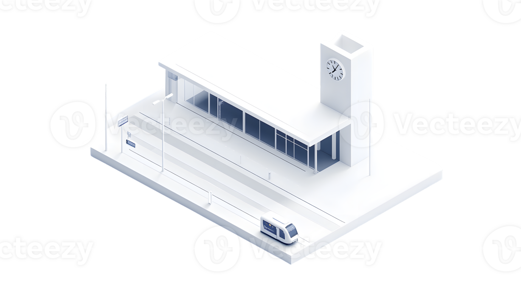 Modern Transportation Hub with Clock Tower and Train png