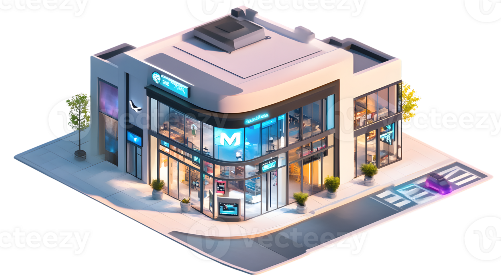 Modern Urban Storefront with Illuminated Windows and Street View png