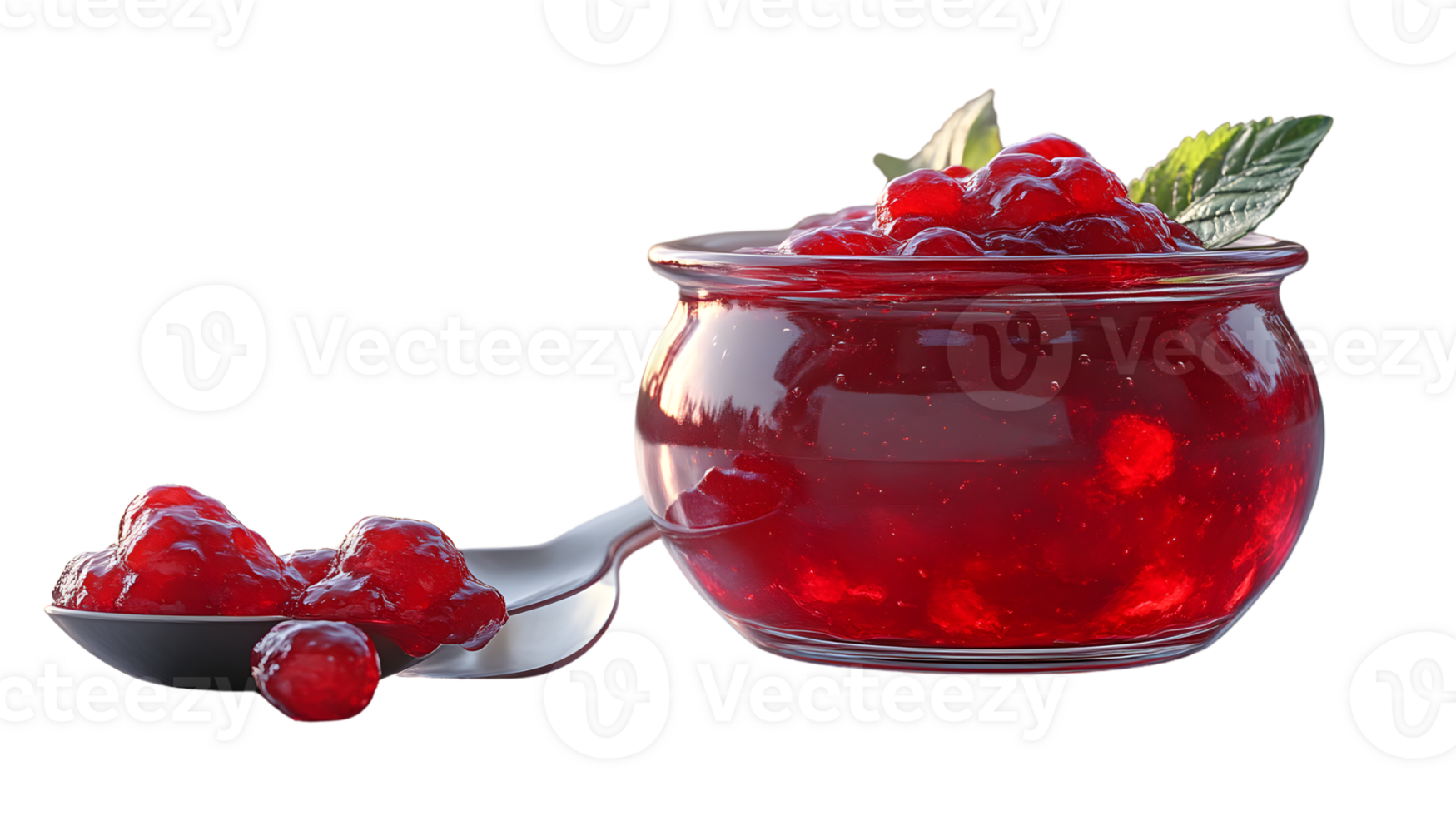 A glass bowl filled with vibrant red jam accompanied by a spoonful of the same garnished with png
