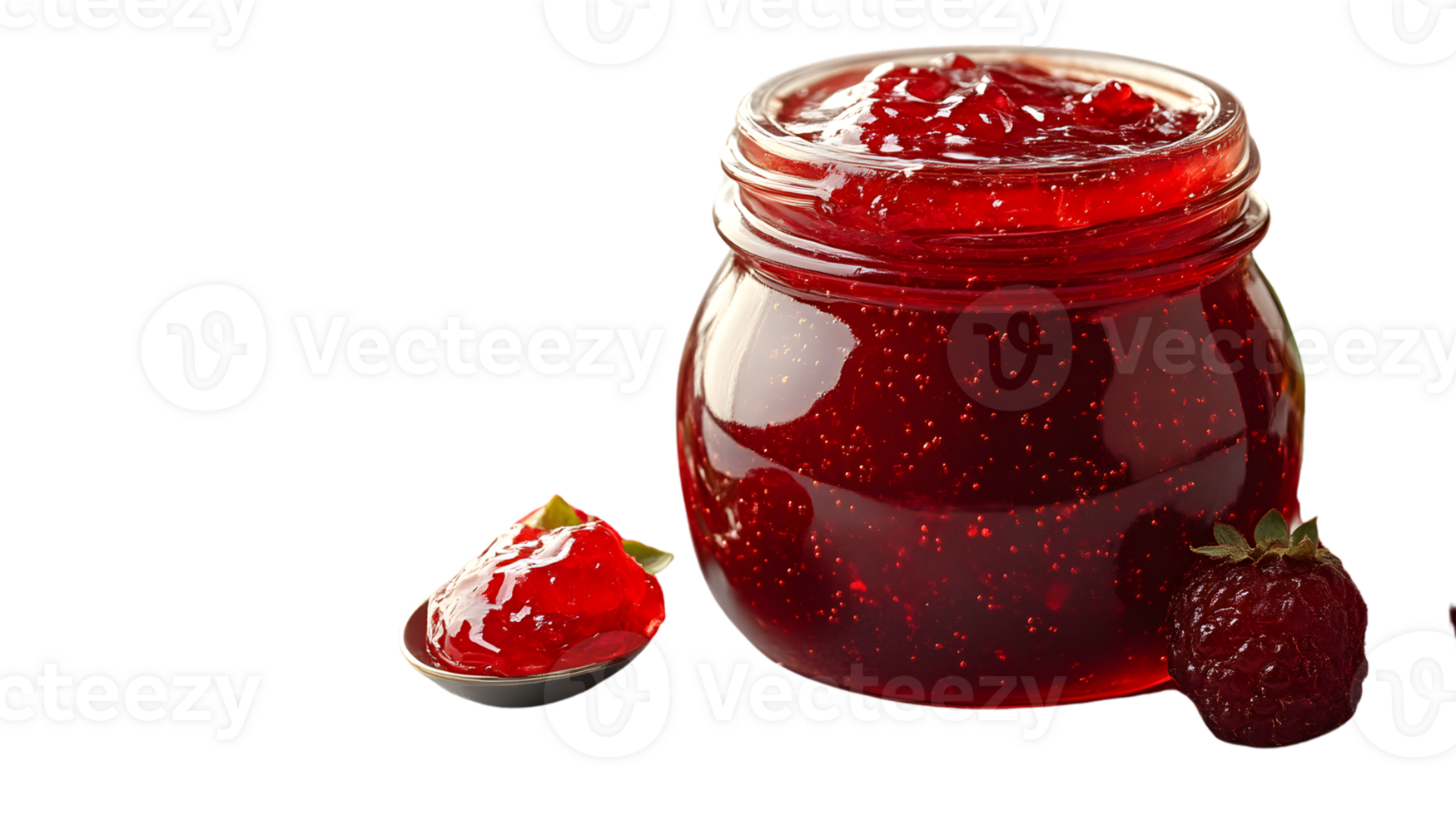 A jar of vibrant red jam with fresh fruit perfect for culinary and food photography needs png