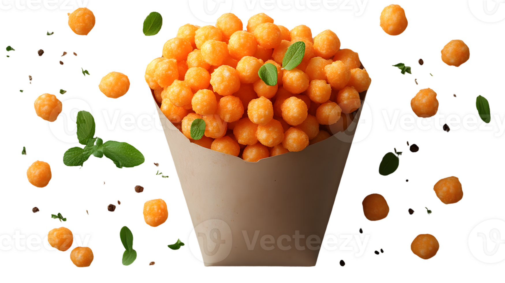 A paper cup filled with vibrant orange snack balls garnished with fresh green leaves perfect png