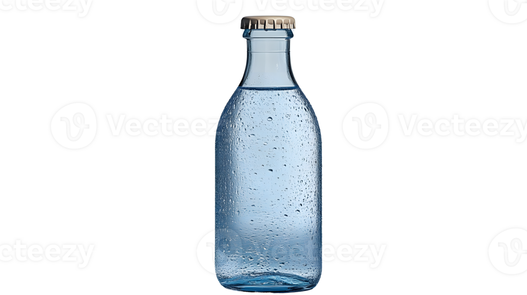 A refreshing glass bottle filled with water featuring condensation droplets on a black backgro png