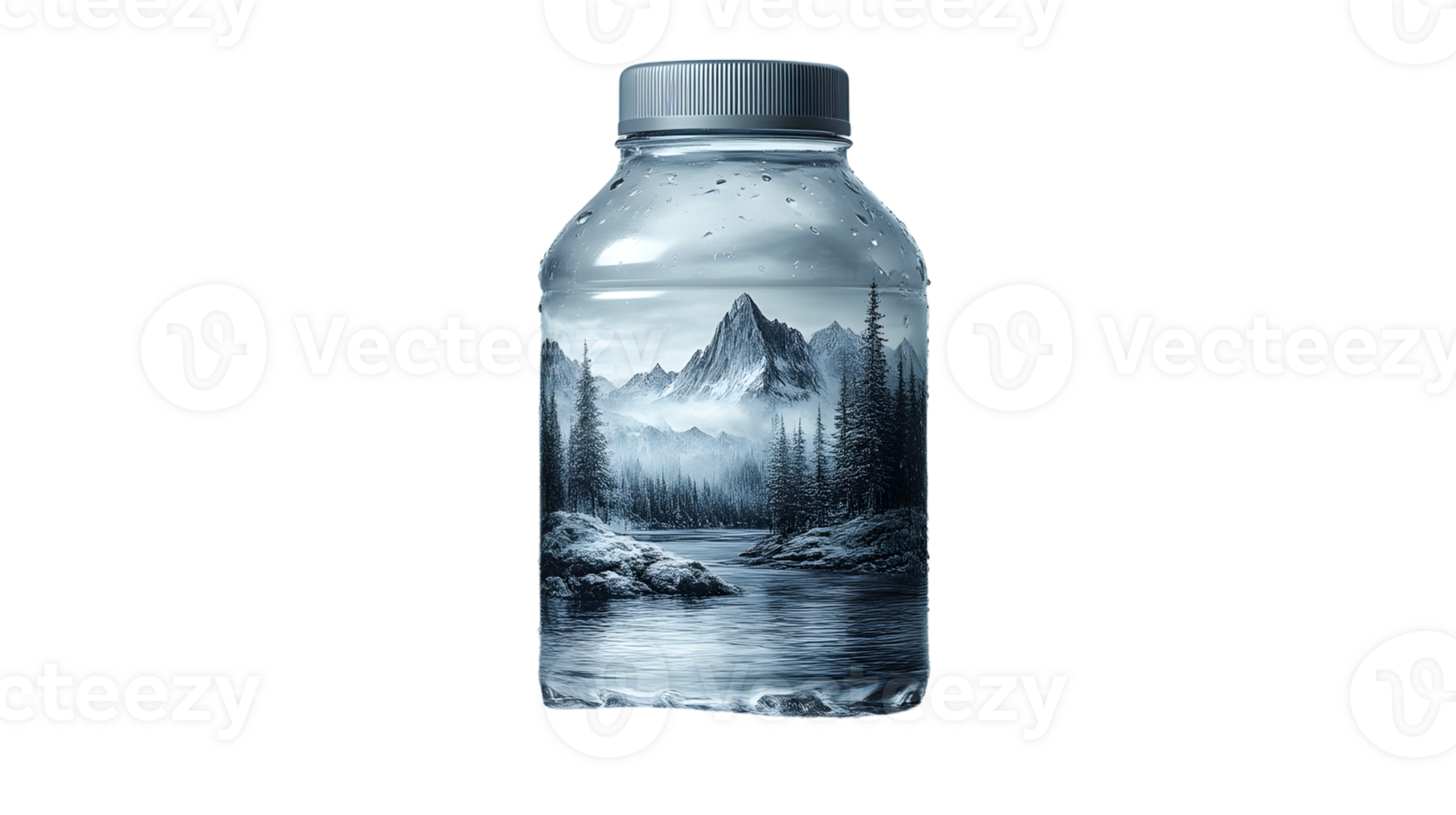 A serene mountain landscape encapsulated within a transparent water bottle showcasing natures png