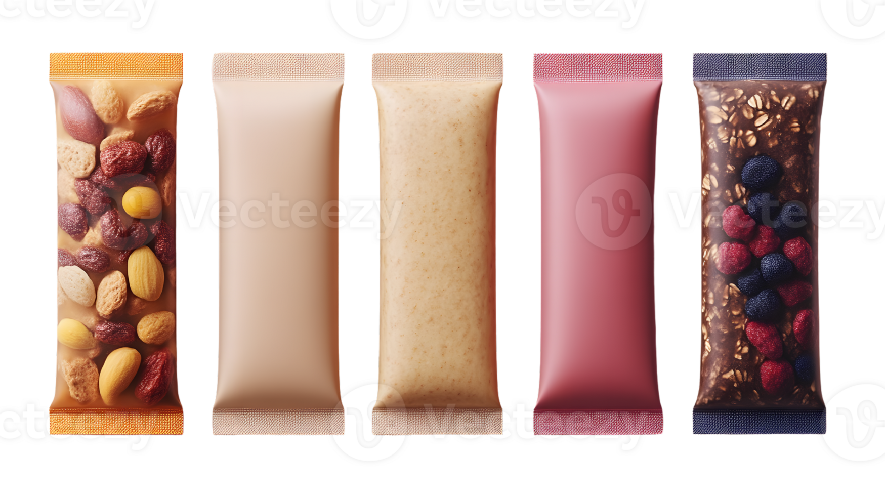 Four different flavor snack bars in individual pouches healthy food top view png