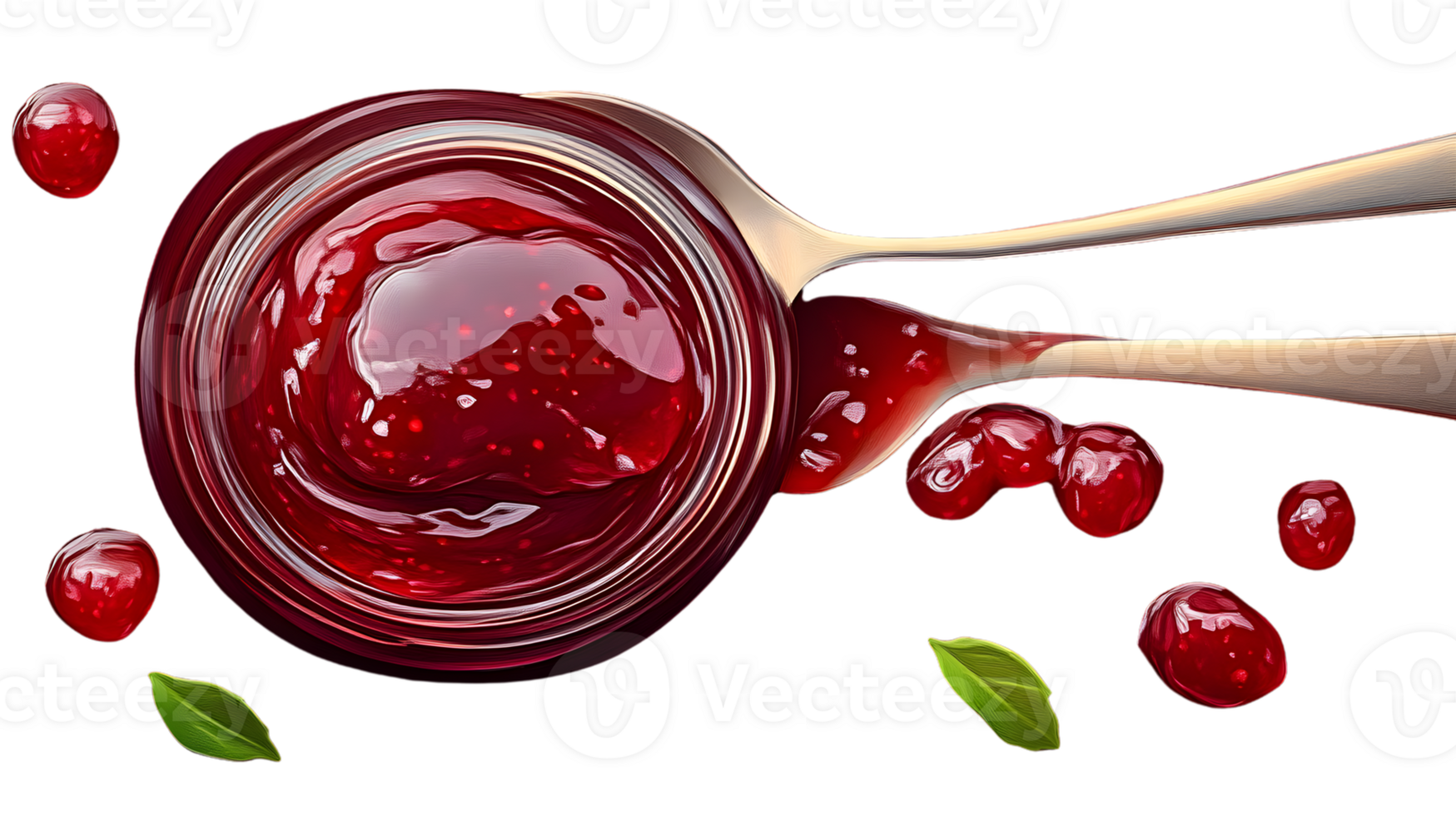 Glistening Berry Jam on a Spoon with Fresh Berries and Leaves Perfect for Culinary and Food Ph png