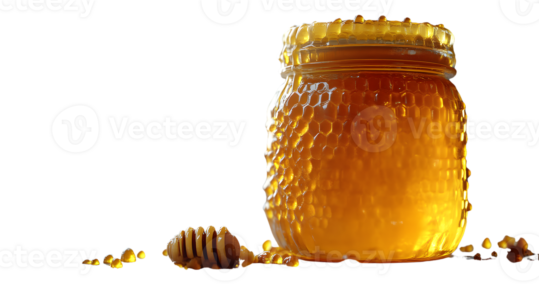 Golden Honey Jar with Dripping Honey and Dipper Sweetness in a Bottle HighQuality Food Photo png