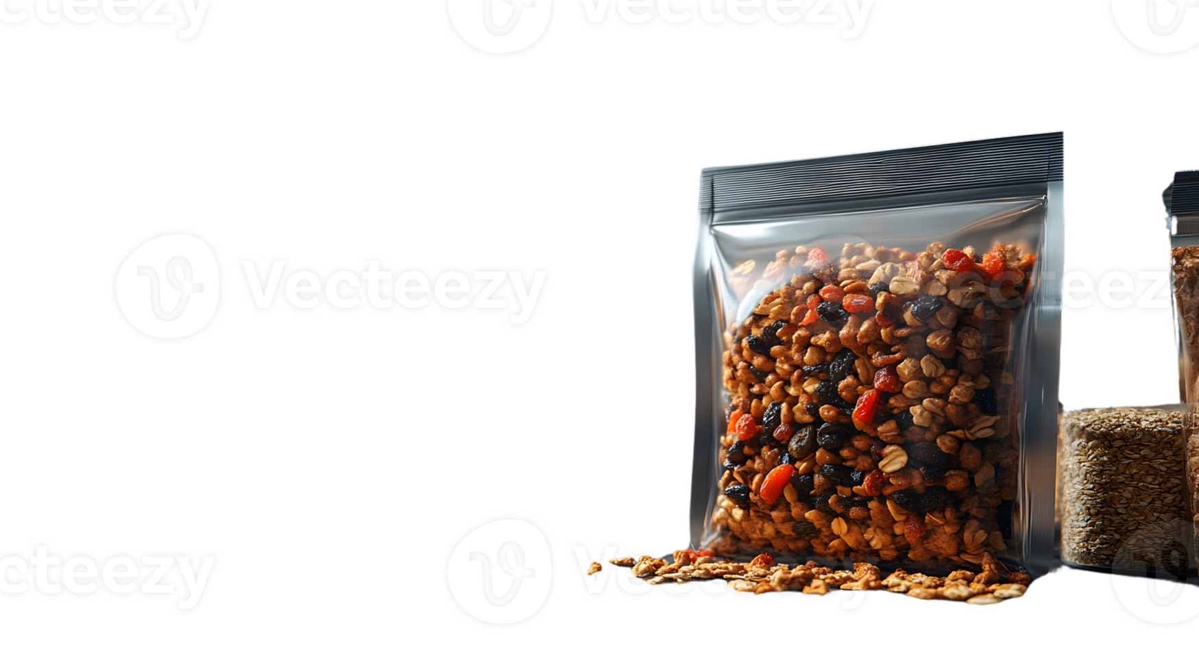 Granola Mix in Transparent Packaging with Spilled Contents on Dark Background png