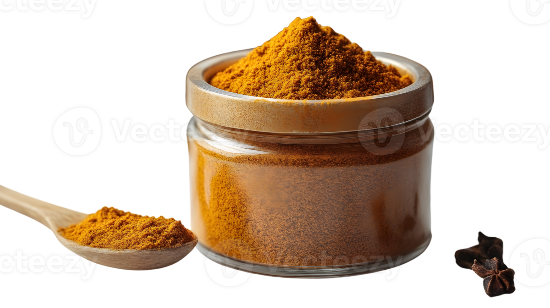 Ground spice in jar and spoon with cloves png
