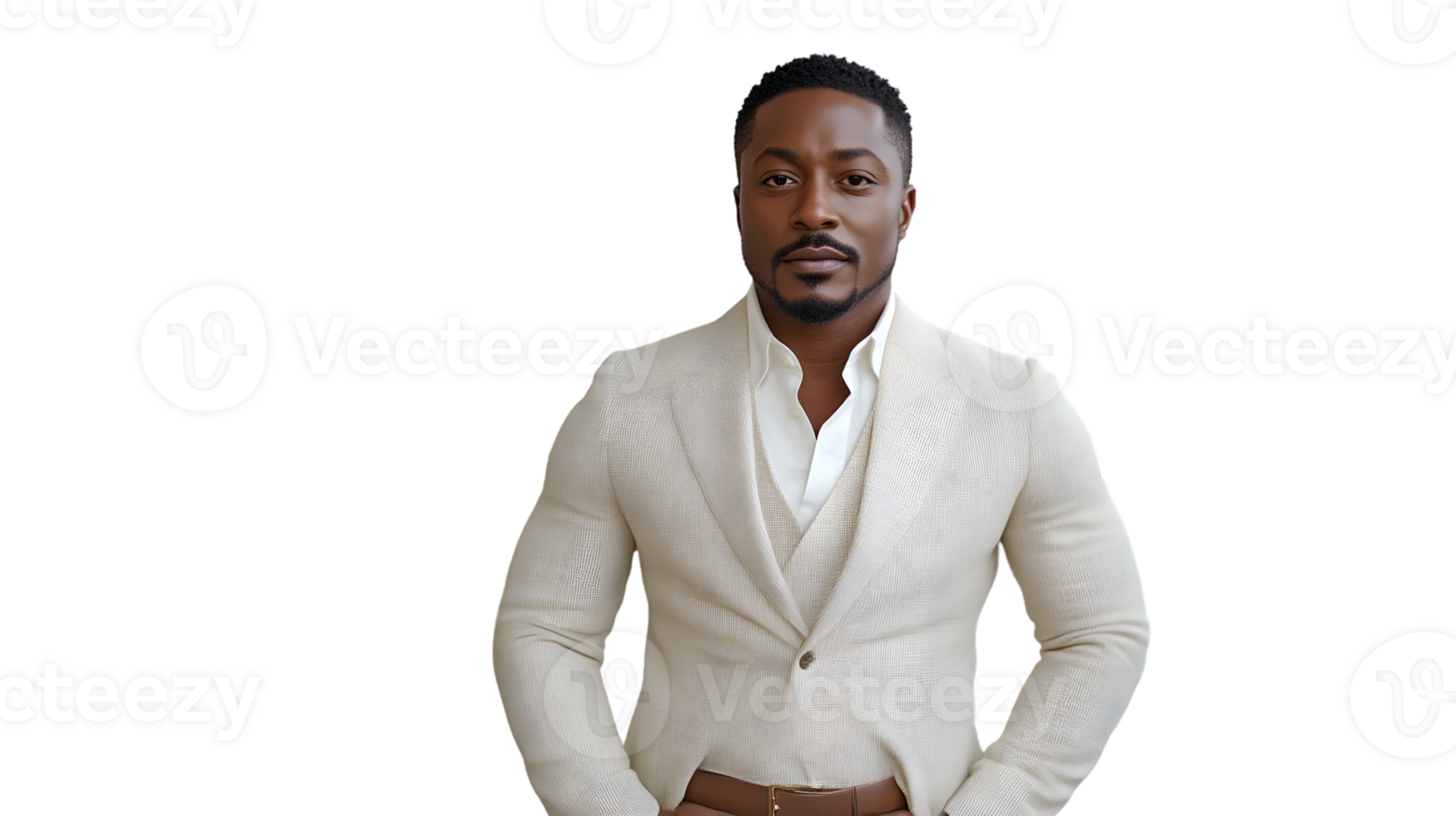 A man in a stylish white suit standing confidently against a black background perfect for fash png