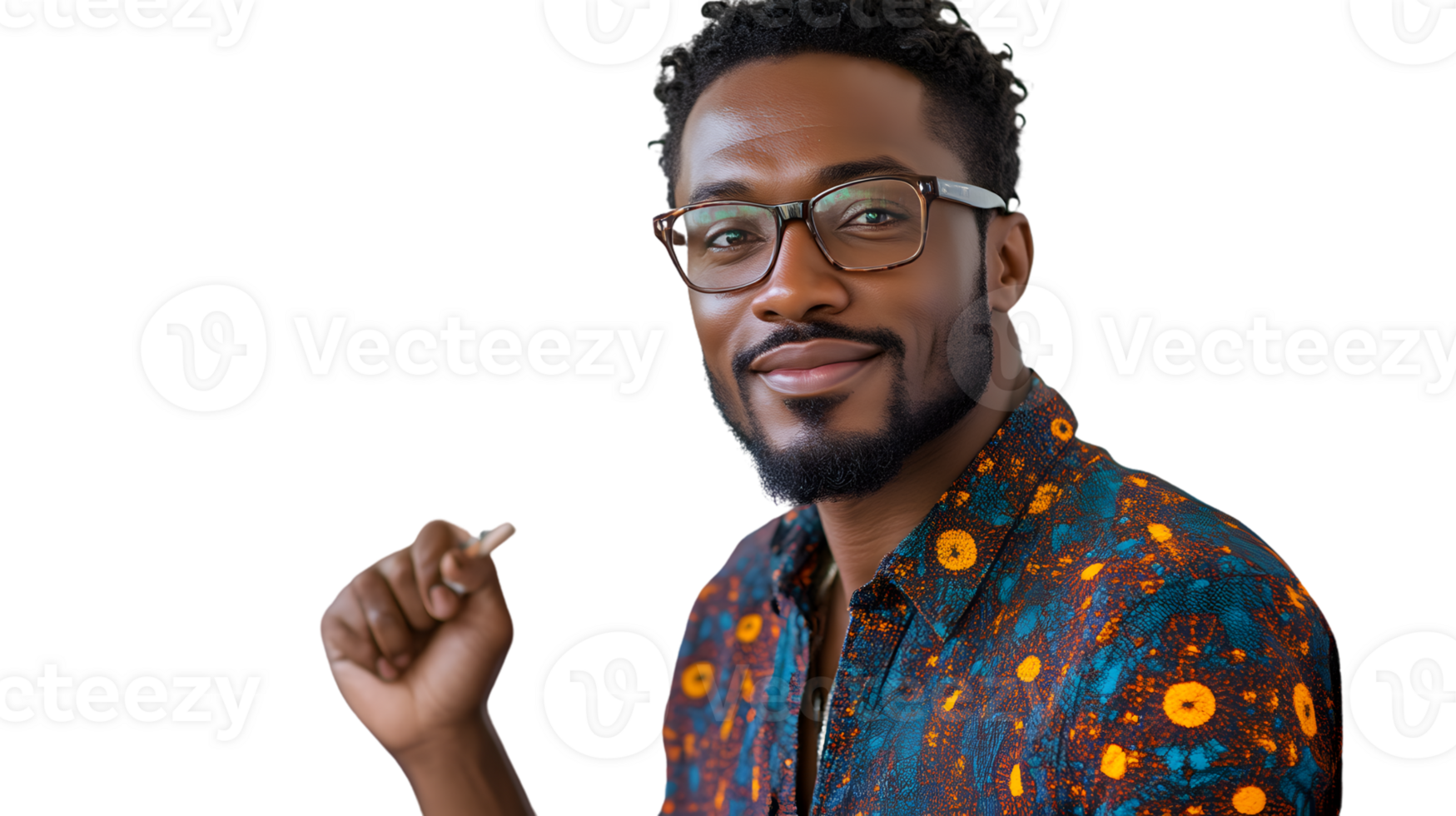 A man in a vibrant shirt holding a cigarette wearing glasses and smiling against a black backg png